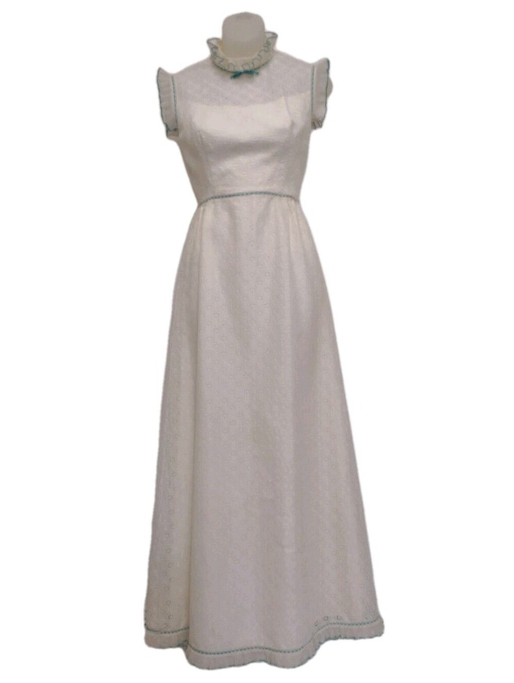Vintage 70s Nadine Prairie Maxi Dress Ivory Lace Turquoise Victorian XS